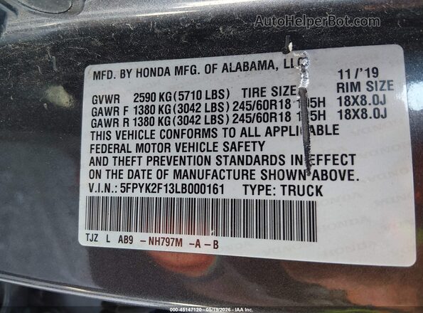 5FPYK2F13LB000161 2020 HONDA RIDGELINE Pewter Vista del compartimento del motor