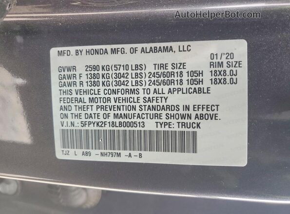 5FPYK2F18LB000513 2020 HONDA RIDGELINE Gray Vista del compartimento del motor