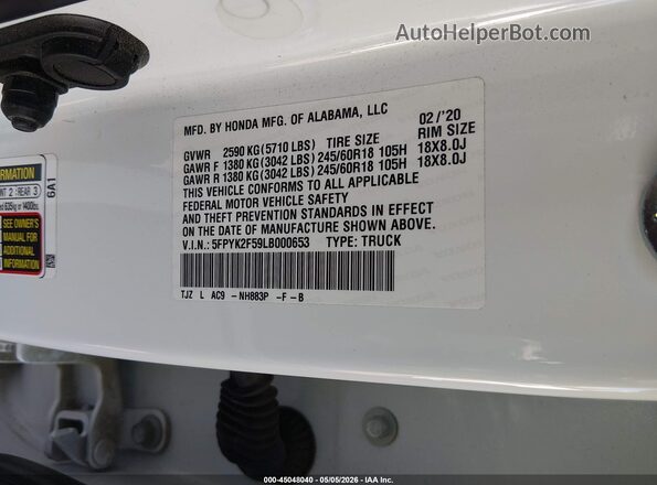 5FPYK2F59LB000653 2020 HONDA RIDGELINE Белый Вид подкапотного пространства