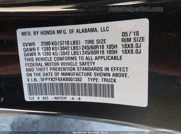 5FPYK2F6XKB001382 2019 HONDA RIDGELINE Black Engine compartment view