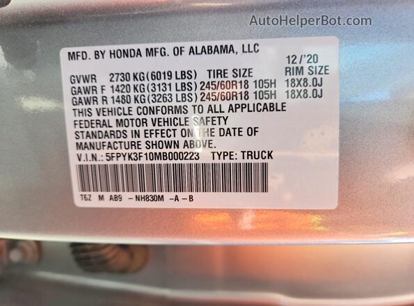 5FPYK3F10MB000223 2021 HONDA RIDGELINE Silver 