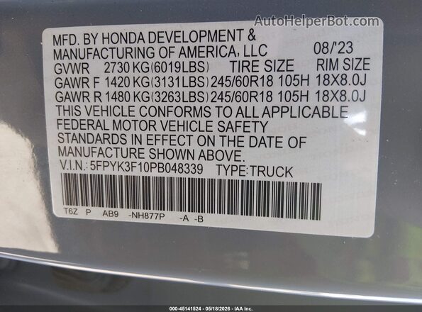 5FPYK3F10PB048339 2023 HONDA RIDGELINE Blue Вид підкапотного простору
