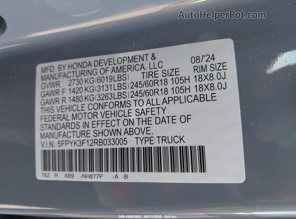 5FPYK3F12RB033005 2024 HONDA RIDGELINE Gray Vista del compartimento del motor