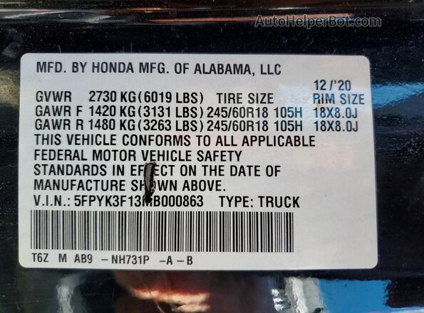 5FPYK3F13MB000863 2021 HONDA RIDGELINE Black 