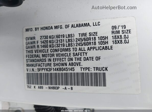 5FPYK3F14KB045145 2019 HONDA RIDGELINE Белый Вид подкапотного пространства