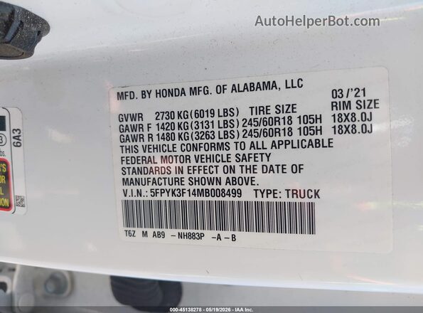 5FPYK3F14MB008499 2021 HONDA RIDGELINE White Vista del compartimento del motor