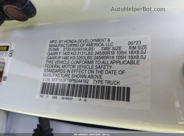 5FPYK3F16PB044182 2023 HONDA RIDGELINE White Շարժիչի բաժամունքի տեսք