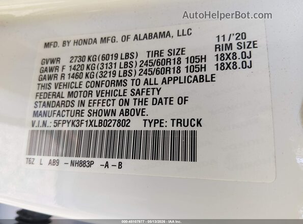 5FPYK3F1XLB027802 2020 HONDA RIDGELINE White Вид підкапотного простору