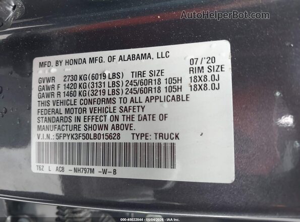 5FPYK3F50LB015628 2020 HONDA RIDGELINE Gray ძრავის განყოფილების ხედი
