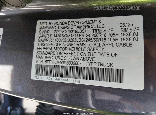 5FPYK3F50SB036607 2025 HONDA RIDGELINE Gray Vista del compartimento del motor