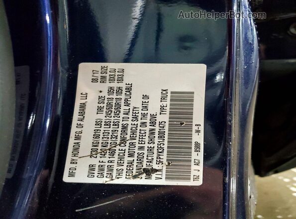 5FPYK3F51JB001475 2018 HONDA RIDGELINE Blue 