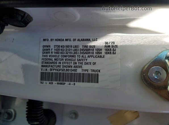 5FPYK3F52LB013492 2020 HONDA RIDGELINE White Widok komory silnika