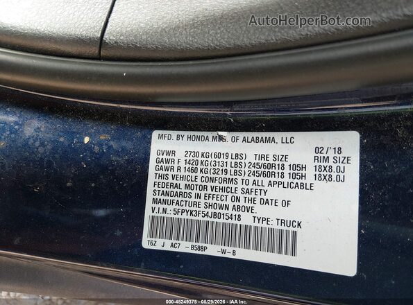 5FPYK3F54JB015418 2018 HONDA RIDGELINE Navy Engine compartment view