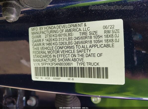 5FPYK3F54NB030801 2022 HONDA RIDGELINE Blue Շարժիչի բաժամունքի տեսք