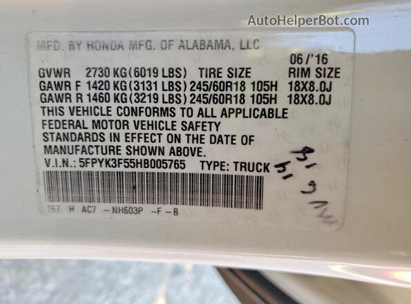 5FPYK3F55HB005765 2017 HONDA RIDGELINE White Engine compartment view
