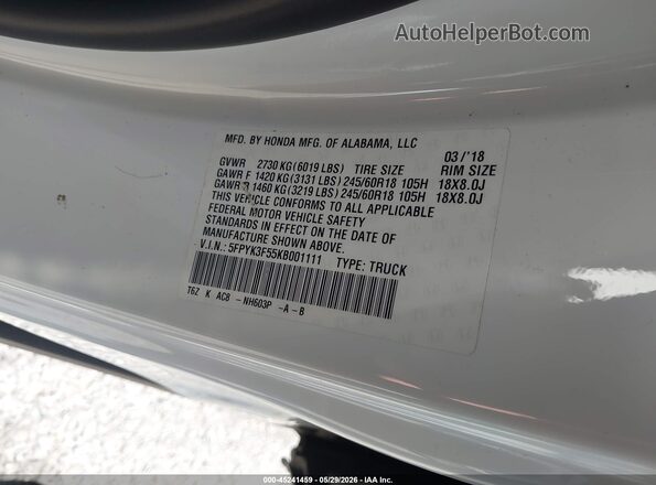 5FPYK3F55KB001111 2019 HONDA RIDGELINE White Вид підкапотного простору