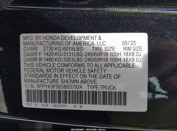 5FPYK3F56SB037924 2025 HONDA RIDGELINE Black Vista del compartimento del motor