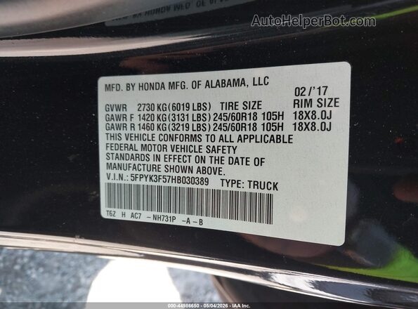 5FPYK3F57HB030389 2017 HONDA RIDGELINE Black Vista del compartimento del motor