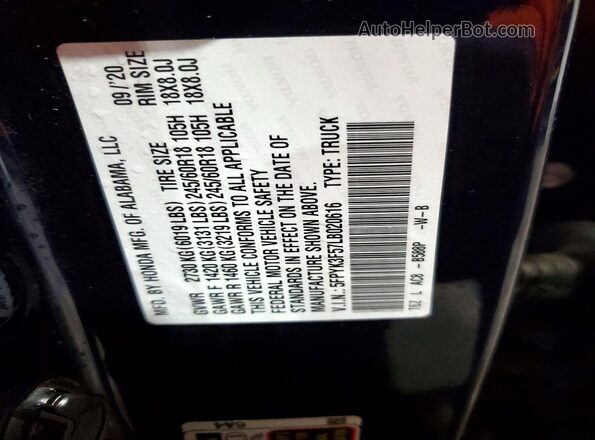 5FPYK3F57LB020616 2020 HONDA RIDGELINE Blue Вид підкапотного простору