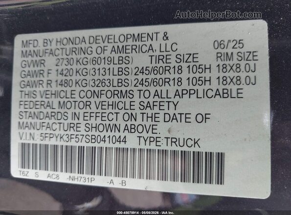 5FPYK3F57SB041044 2025 HONDA RIDGELINE Черный 
