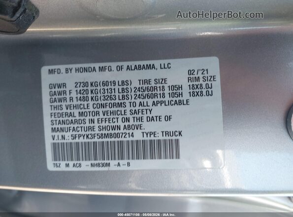 5FPYK3F58MB007214 2021 HONDA RIDGELINE Серебряный 