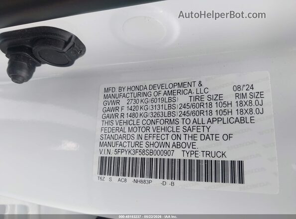 5FPYK3F58SB000907 2025 HONDA RIDGELINE White ძრავის განყოფილების ხედი