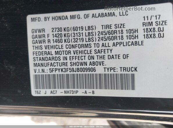 5FPYK3F59JB009906 2018 HONDA RIDGELINE Black 