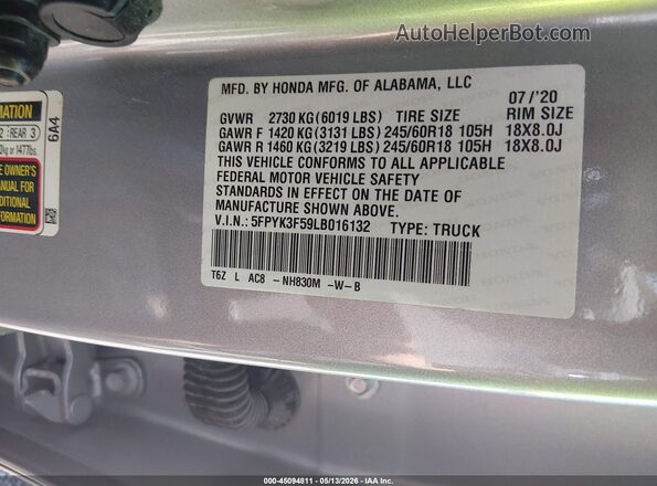 5FPYK3F59LB016132 2020 HONDA RIDGELINE Gray 