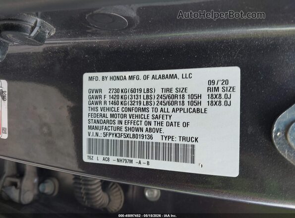 5FPYK3F5XLB019136 2020 HONDA RIDGELINE Gray Vista del compartimento del motor