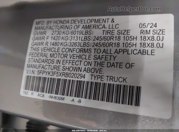 5FPYK3F5XRB020294 2024 HONDA RIDGELINE Серебряный Вид подкапотного пространства