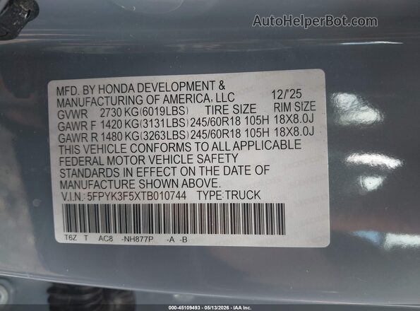 5FPYK3F5XTB010744 2026 HONDA RIDGELINE Gray Engine compartment view