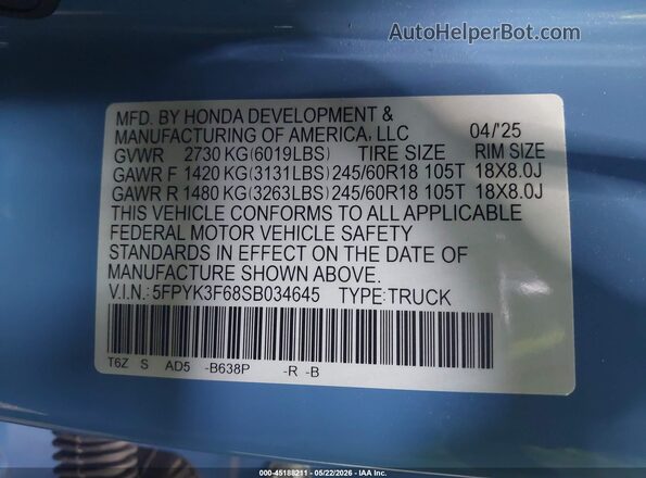 5FPYK3F68SB034645 2025 HONDA RIDGELINE Light Blue 