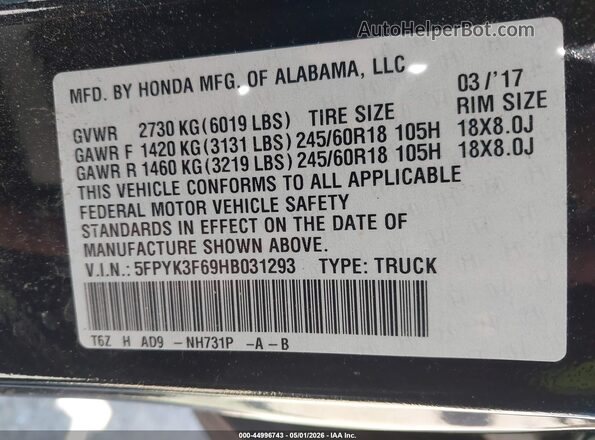 5FPYK3F69HB031293 2017 HONDA RIDGELINE Black 