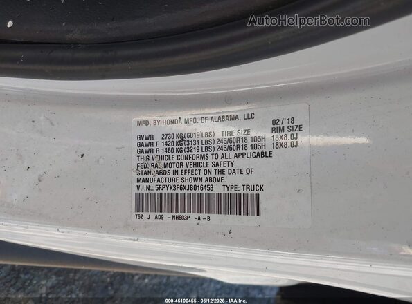 5FPYK3F6XJB016453 2018 HONDA RIDGELINE White Вид підкапотного простору