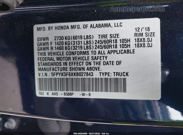 5FPYK3F6XKB027843 2019 HONDA RIDGELINE Dark Blue 