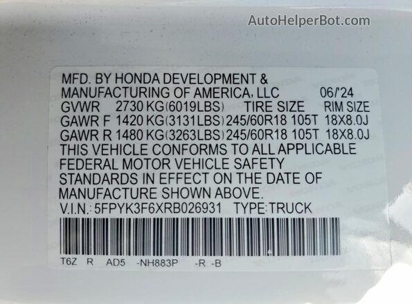 5FPYK3F6XRB026931 2024 HONDA RIDGELINE White 