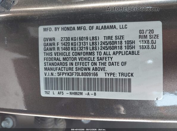 5FPYK3F70LB009166 2020 HONDA RIDGELINE Gray Engine compartment view