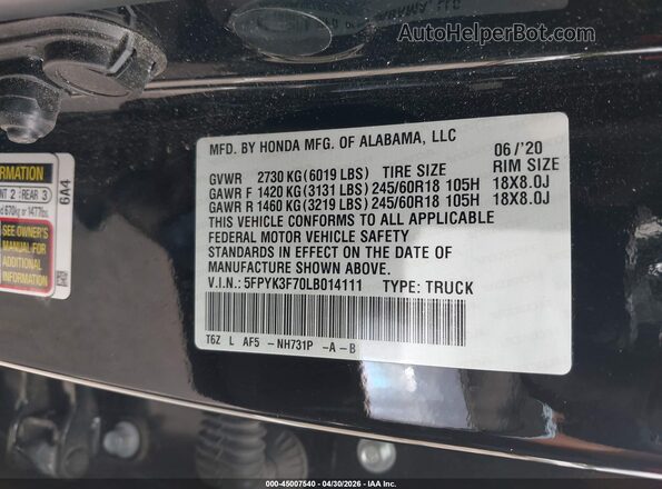5FPYK3F70LB014111 2020 HONDA RIDGELINE Black Շարժիչի բաժամունքի տեսք