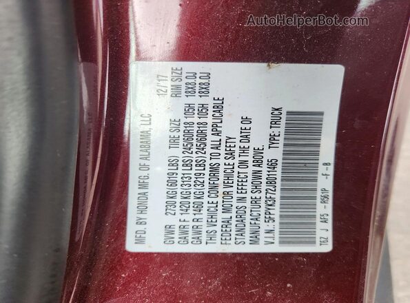 5FPYK3F72JB011465 2018 HONDA RIDGELINE Maroon 