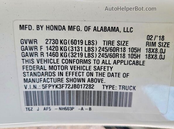 5FPYK3F72JB017282 2018 HONDA RIDGELINE White 
