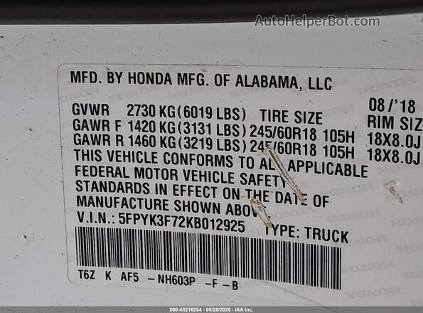 5FPYK3F72KB012925 2019 HONDA RIDGELINE White Вид підкапотного простору
