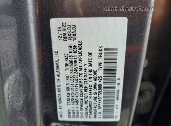 5FPYK3F72LB001425 2020 HONDA RIDGELINE Gray Widok komory silnika