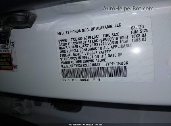 5FPYK3F72LB016863 2020 HONDA RIDGELINE White Vista del compartimento del motor