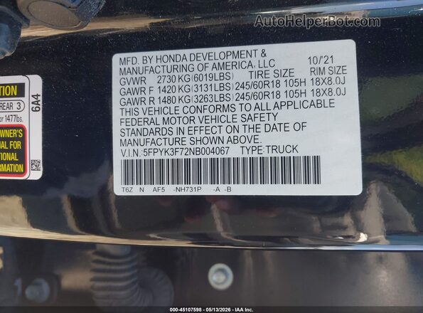 5FPYK3F72NB004067 2022 HONDA RIDGELINE Green Widok komory silnika