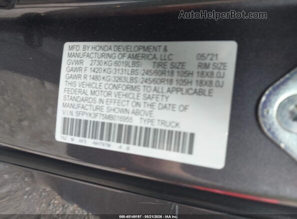 5FPYK3F75MB016955 2021 HONDA RIDGELINE Gray Widok komory silnika