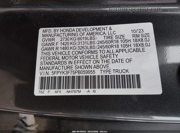 5FPYK3F75PB059955 2023 HONDA RIDGELINE Gray Engine compartment view
