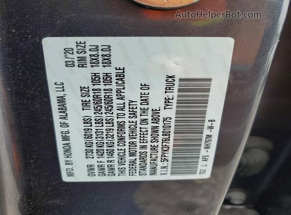 5FPYK3F76LB010175 2020 HONDA RIDGELINE Серый Вид наклейки с VIN-кодом