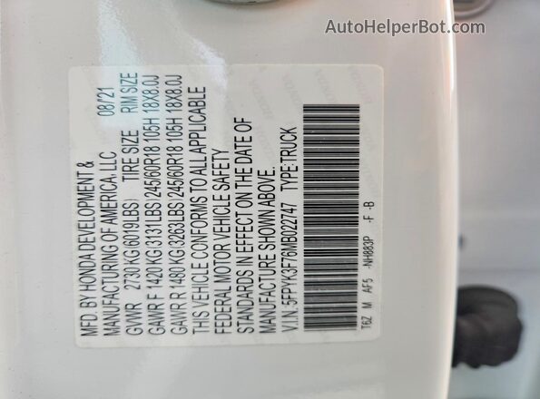 5FPYK3F76MB022747 2021 HONDA RIDGELINE Белый Вид подкапотного пространства