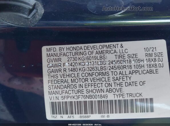 5FPYK3F76NB001849 2022 HONDA RIDGELINE Blue Vista del compartimento del motor