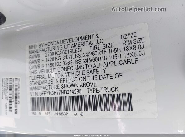 5FPYK3F77NB014285 2022 HONDA RIDGELINE White Engine compartment view